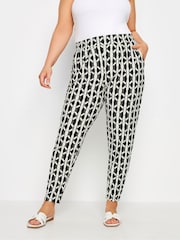 Yours Curve White Geometric Double Pleat Harem Trousers - Image 1 of 5