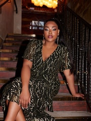 Yours Curve Black London Metallic Spot Wrap Ruffle Dress - Image 3 of 5