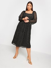 Yours Curve Black London Metallic Spot Shirred Dress - Image 1 of 4