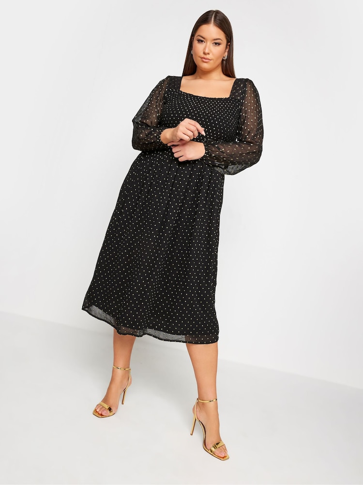 Yours Curve Black London Metallic Spot Shirred Dress - Image 1 of 4