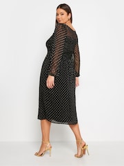 Yours Curve Black London Metallic Spot Shirred Dress - Image 2 of 4