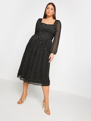 Yours Curve Black London Metallic Spot Shirred Dress - Image 3 of 4