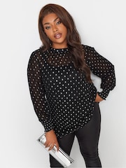 Yours Curve Black London Metallic Spot Shirred Cuff Top - Image 1 of 4