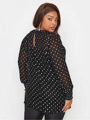Yours Curve Black London Metallic Spot Shirred Cuff Top - Image 2 of 4