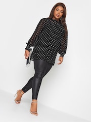 Yours Curve Black London Metallic Spot Shirred Cuff Top - Image 3 of 4