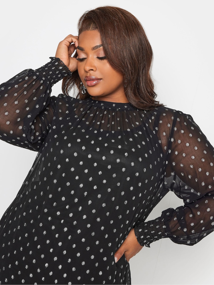 Yours Curve Black London Metallic Spot Shirred Cuff Top - Image 4 of 4