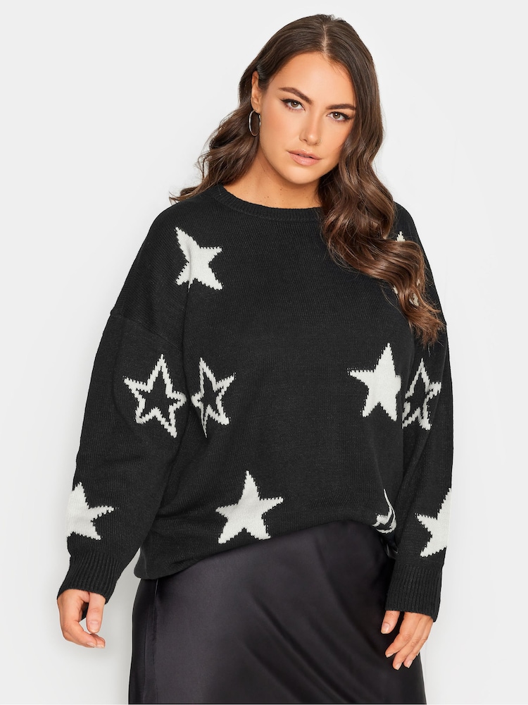 Yours Curve Black Fine Gauge Star Jumper - Image 1 of 4