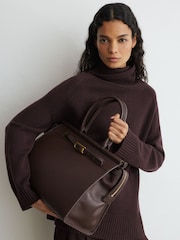 Reiss Chocolate Ember Leather Structured Tote Bag - Image 1 of 6