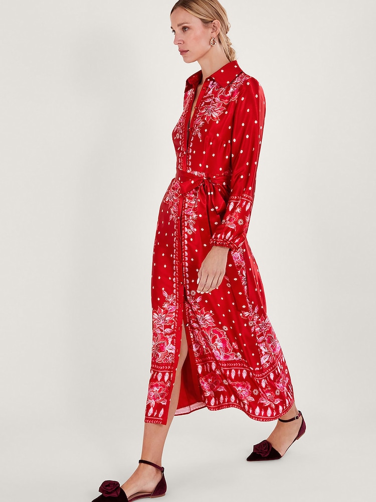 Monsoon Red Shiloh Satin Shirt Dress - Image 1 of 5