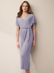 Lilac Purple Plisse Short Sleeve V-Neck Culotte Belted Jumpsuit - Image 1 of 5