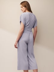 Lilac Purple Plisse Short Sleeve V-Neck Culotte Belted Jumpsuit - Image 2 of 5