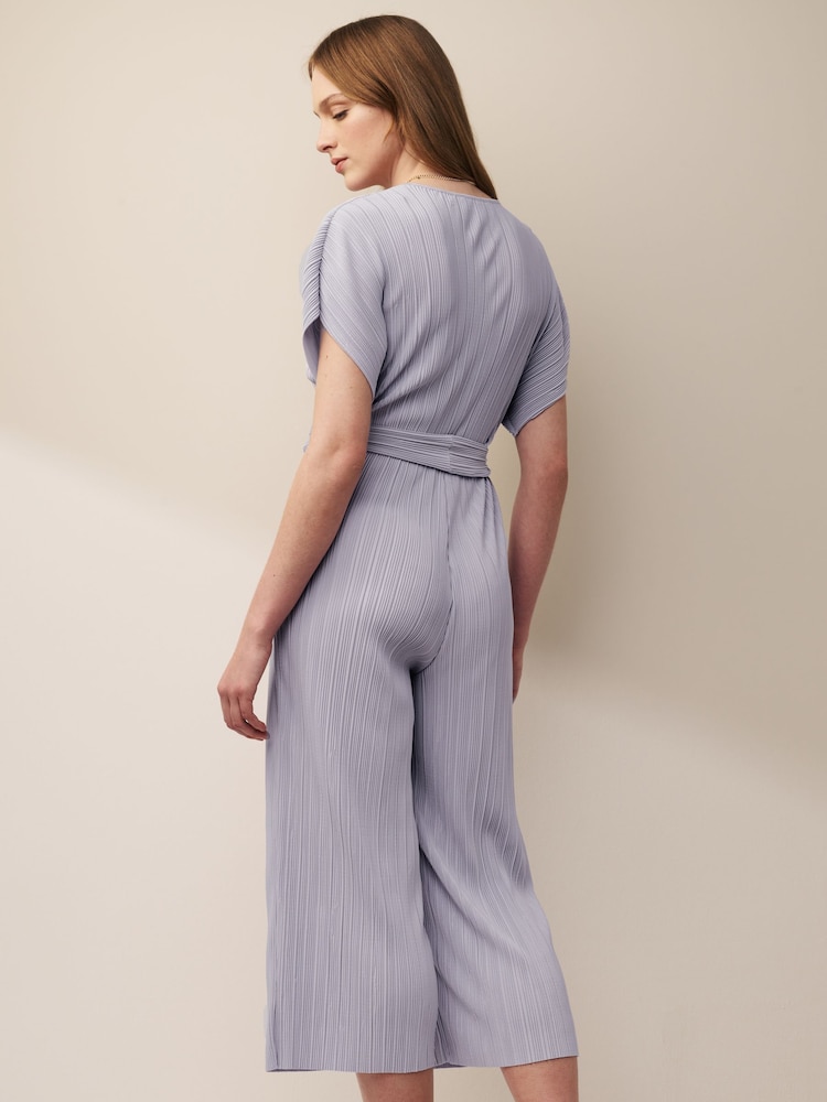 Lilac Purple Plisse Short Sleeve V-Neck Culotte Belted Jumpsuit - Image 2 of 5