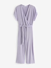 Lilac Purple Plisse Short Sleeve V-Neck Culotte Belted Jumpsuit - Image 4 of 5