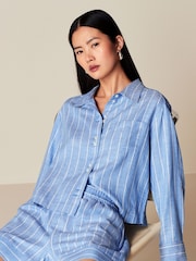Blue Elasticated Waist Linen Stripe Shorts - Image 1 of 8