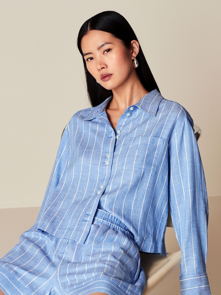 Blue Elasticated Waist Linen Stripe Shorts - Image 1 of 8