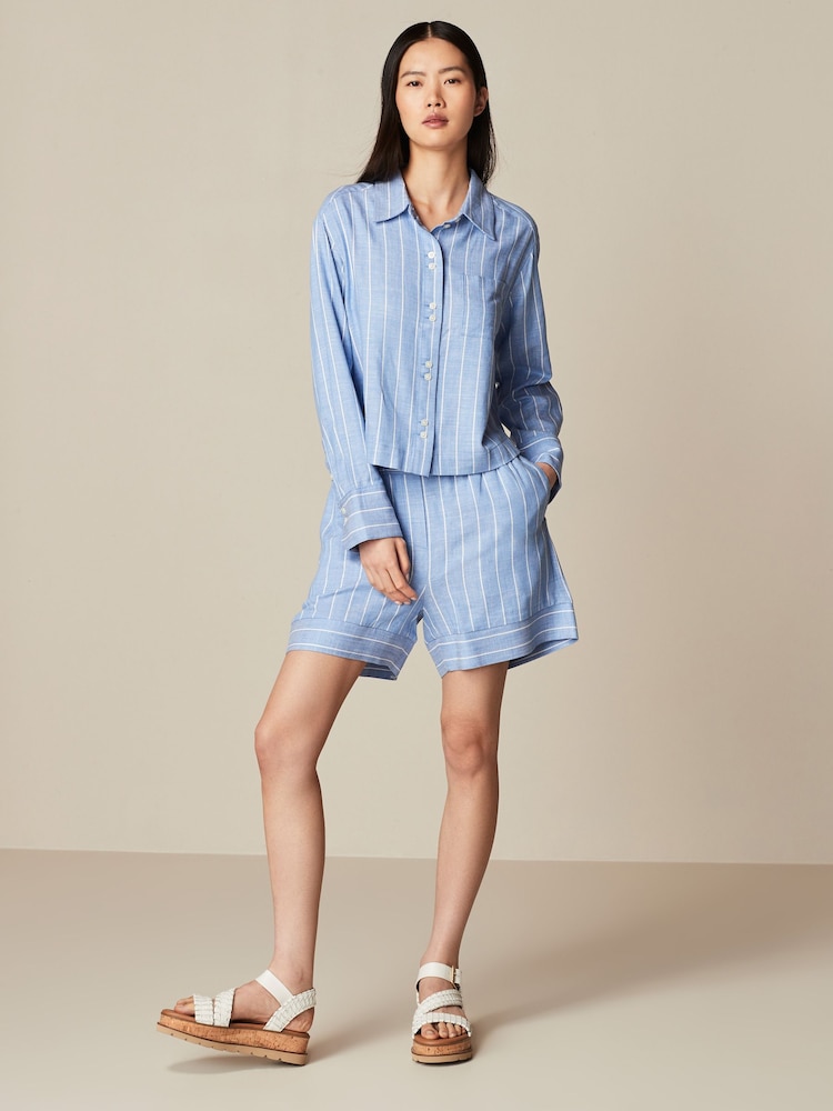 Blue Elasticated Waist Linen Stripe Shorts - Image 2 of 8