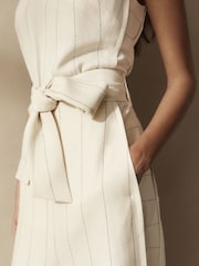 White Premium Wide Leg Striped Linen Belted Jumpsuit - Image 2 of 6