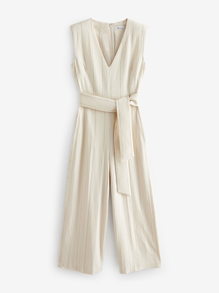 White Premium Wide Leg Striped Linen Belted Jumpsuit - Image 3 of 6