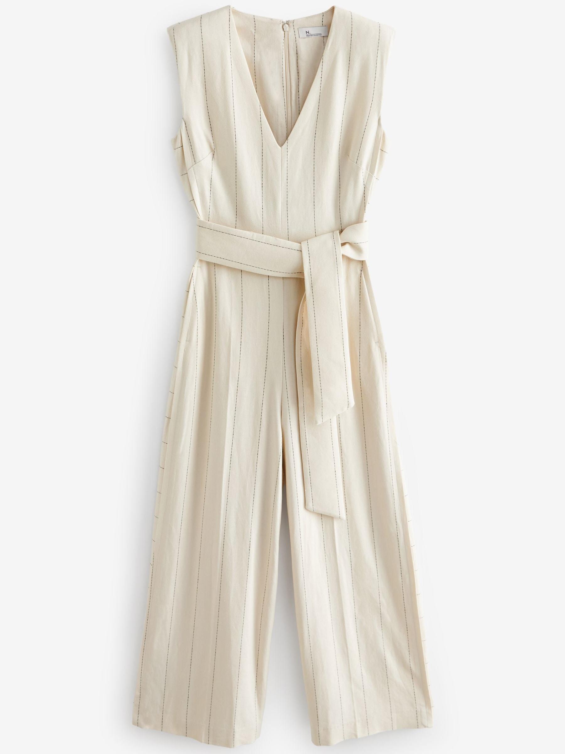 Buy White Premium Wide Leg Striped Linen Belted Jumpsuit from Next Luxembourg