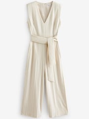 White Premium Wide Leg Striped Linen Belted Jumpsuit - Image 5 of 6