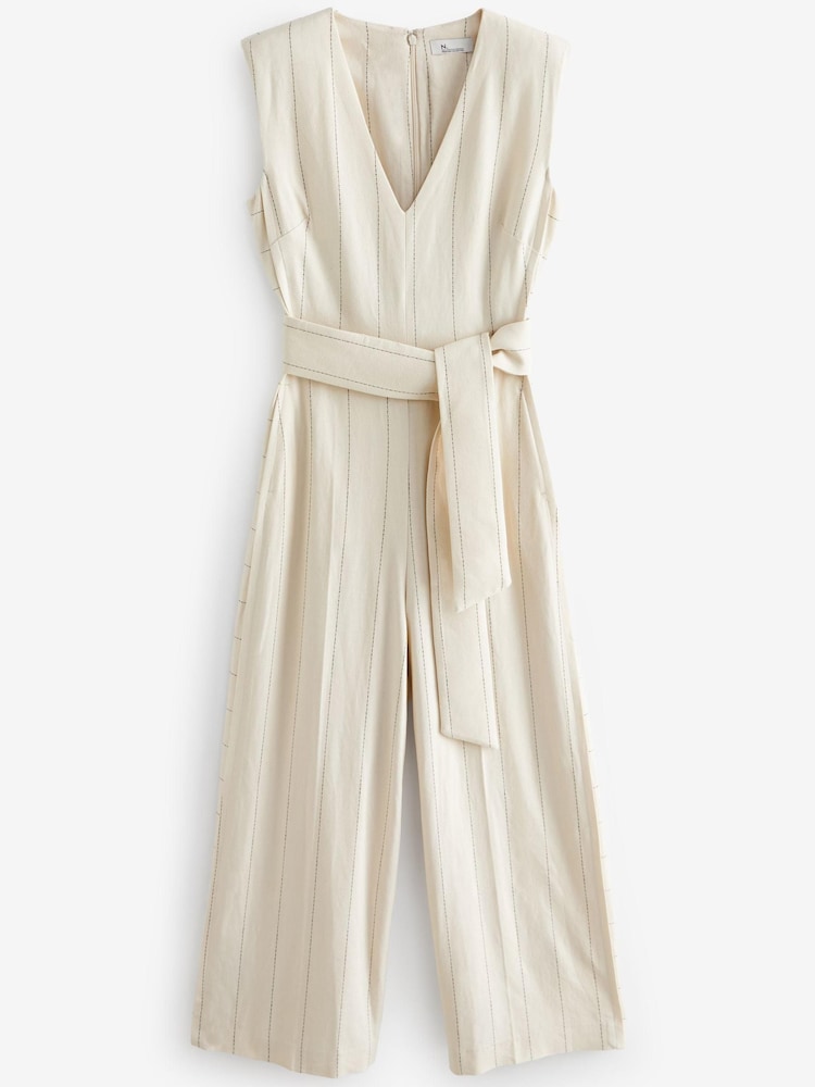 White Premium Wide Leg Striped Linen Belted Jumpsuit - Image 5 of 6