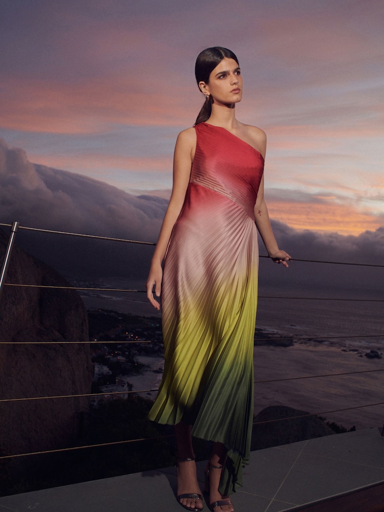 Regenbogenfarben - Plissiertes One-Shoulder-Kleid mit Farbverlauf für besondere Anlässe - Bild 5 von 5 Regenbogenfarben - Plissiertes One-Shoulder-Kleid mit Farbverlauf für besondere Anlässe - Bild 5 von 5