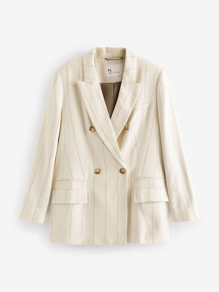 Buy White Striped Linen Double Breasted Blazer from Next Netherlands - Main Image