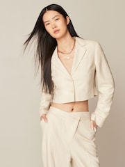 Neutral Linen Textured Cropped Blazer - Image 1 of 7