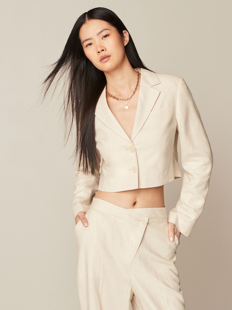 Neutral Linen Textured Cropped Blazer - Image 1 of 7