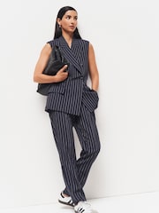 Navy Linen Striped Tapered Trousers - Image 1 of 6