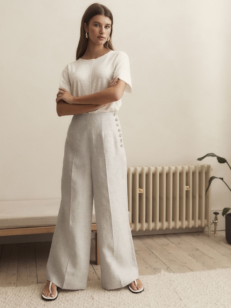 Grey Premium 100% Linen Wide Leg Trousers - Image 2 of 5