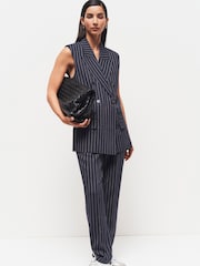 Navy Linen Striped Sleeveless Double Breasted Blazer - Image 1 of 7
