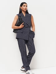 Navy Linen Striped Sleeveless Double Breasted Blazer - Image 2 of 7