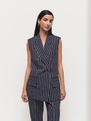 Navy Linen Striped Sleeveless Double Breasted Blazer - Image 3 of 7