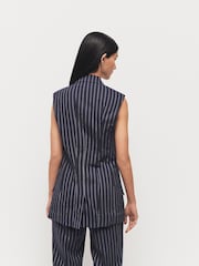 Navy Linen Striped Sleeveless Double Breasted Blazer - Image 4 of 7