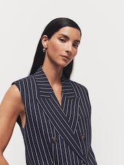 Navy Linen Striped Sleeveless Double Breasted Blazer - Image 5 of 7