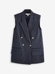 Navy Linen Striped Sleeveless Double Breasted Blazer - Image 6 of 7