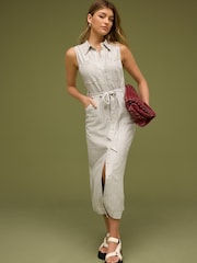 Mink Brown Linen Utility Pocket Sleeveless Midi Dress - Image 1 of 6