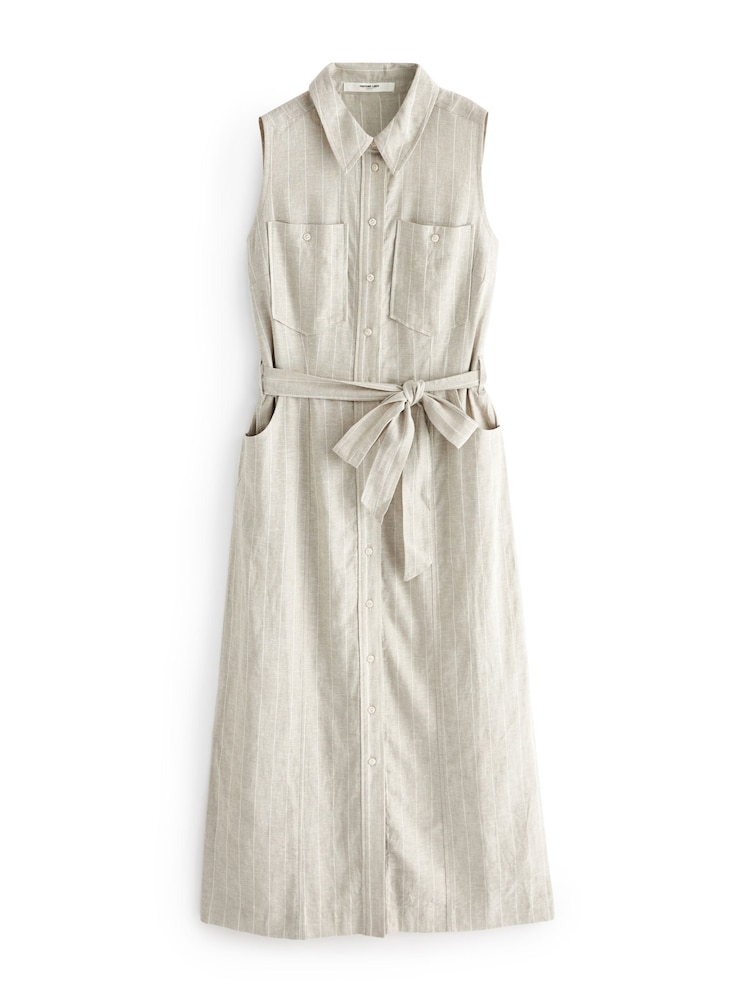 Mink Brown Linen Utility Pocket Sleeveless Midi Dress - Image 5 of 6
