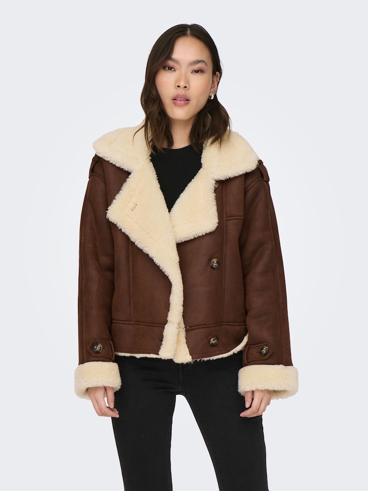 ONLY Brown Faux Suede Aviator Jacket With Teddy Borg Lining - Image 1 of 5