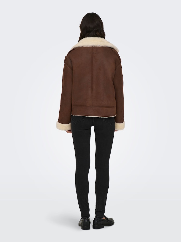 ONLY Brown Faux Suede Aviator Jacket With Teddy Borg Lining - Image 2 of 5