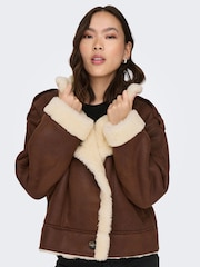 ONLY Brown Faux Suede Aviator Jacket With Teddy Borg Lining - Image 3 of 5