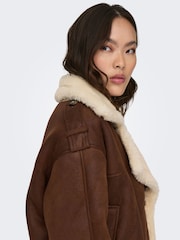 ONLY Brown Faux Suede Aviator Jacket With Teddy Borg Lining - Image 4 of 5