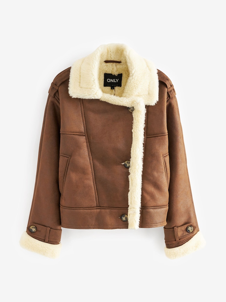ONLY Brown Faux Suede Aviator Jacket With Teddy Borg Lining - Image 5 of 5