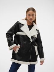 VERO MODA Black Faux Leather Relaxed Aviator Jacket with Cosy Borg Lining - Image 1 of 5