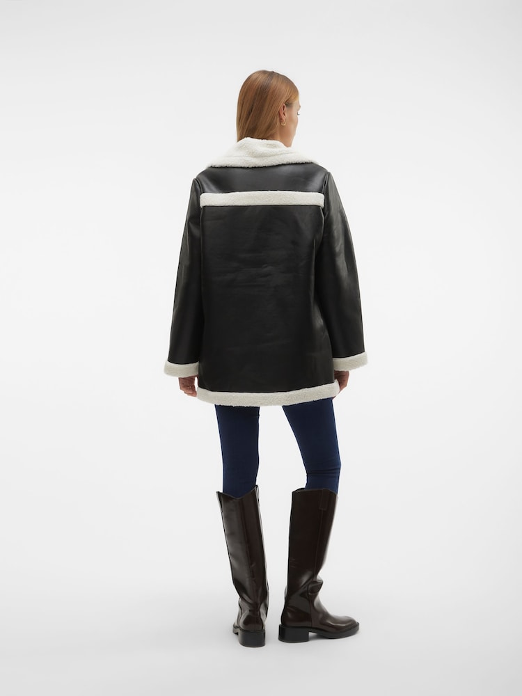 VERO MODA Black Faux Leather Relaxed Aviator Jacket with Cosy Borg Lining - Image 2 of 5
