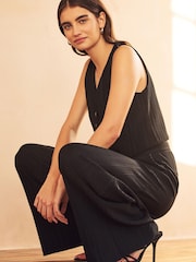 Black Tailored Plissé Wide Leg Trousers - Image 4 of 7