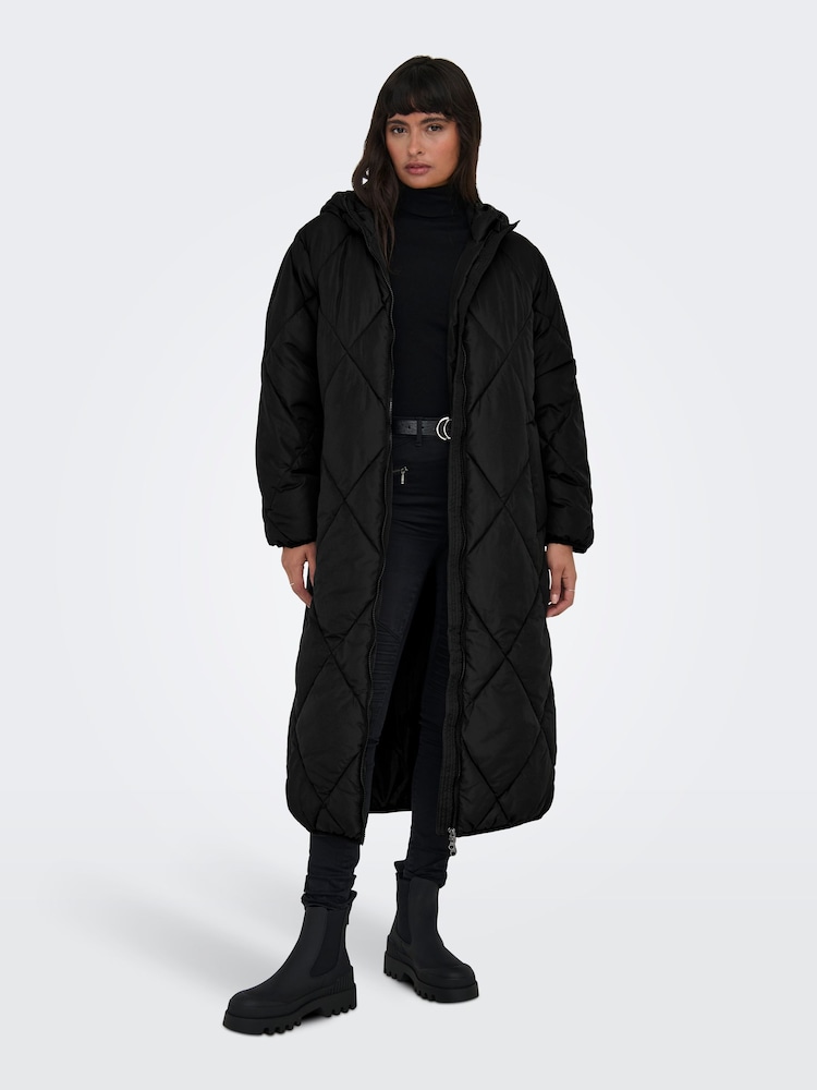 ONLY Black Diamond Quilted Longline Hooded Coat - Image 1 of 6