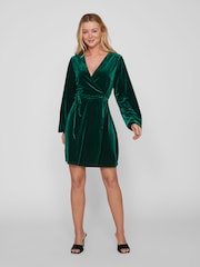 VILA Green Velvet Wrap Dress - Image 1 of 6
