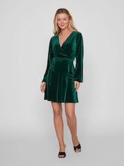 VILA Green Velvet Wrap Dress - Image 3 of 6